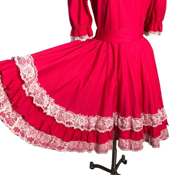 Vintage Square Dance Dress Red Lace Yoke Hand Sewn Circle Skirt Rockabilly - Picture 3 of 13